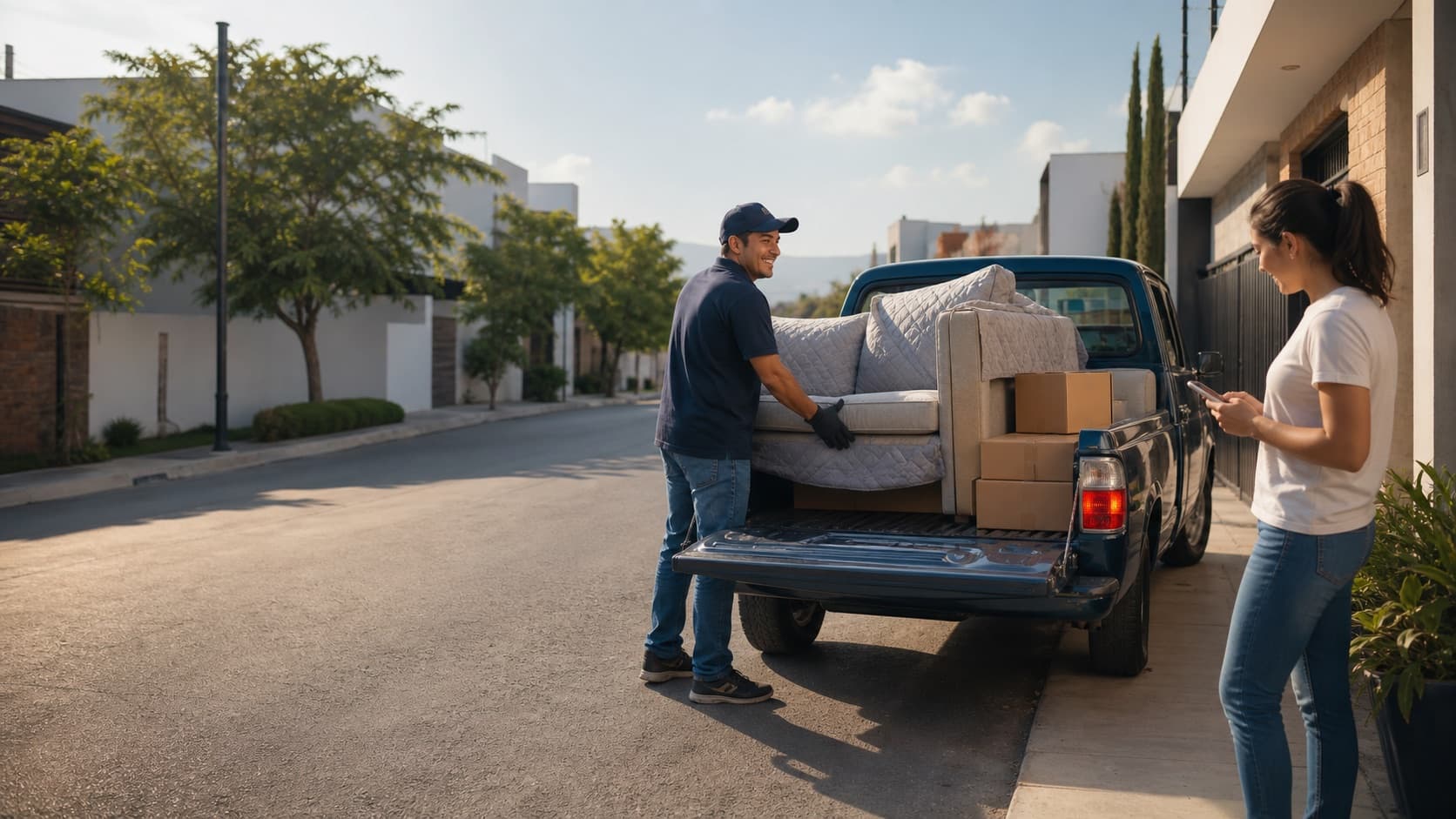 Conductor FletMe cargando muebles en una pickup mientras la cliente revisa la solicitud en su teléfono