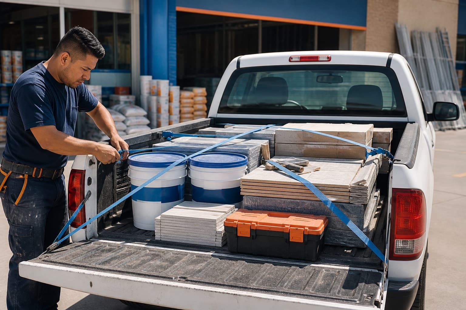 Pickup con materiales de construcción asegurados con cinchos