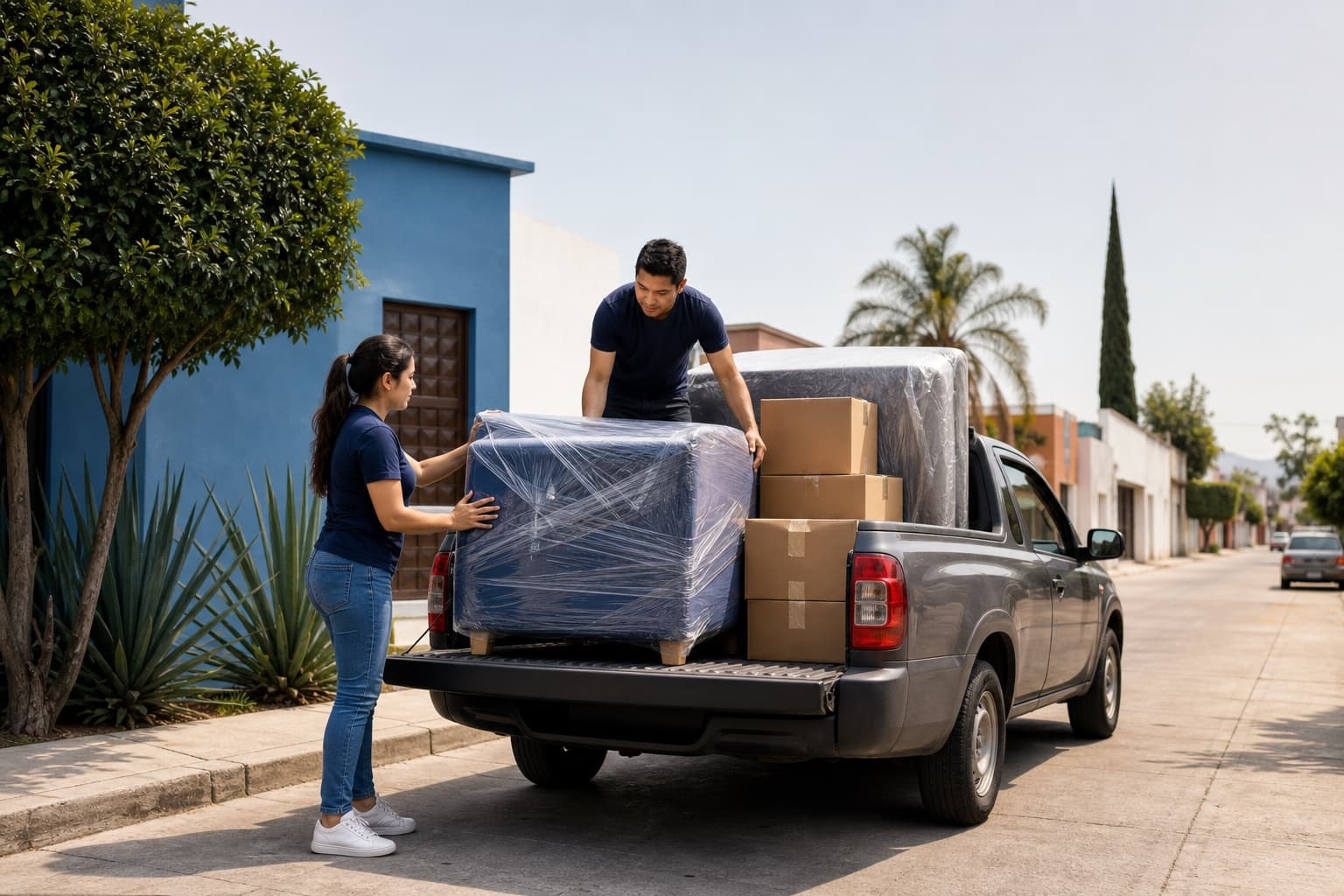 Pickup con muebles protegidos y cajas para una mudanza pequeña